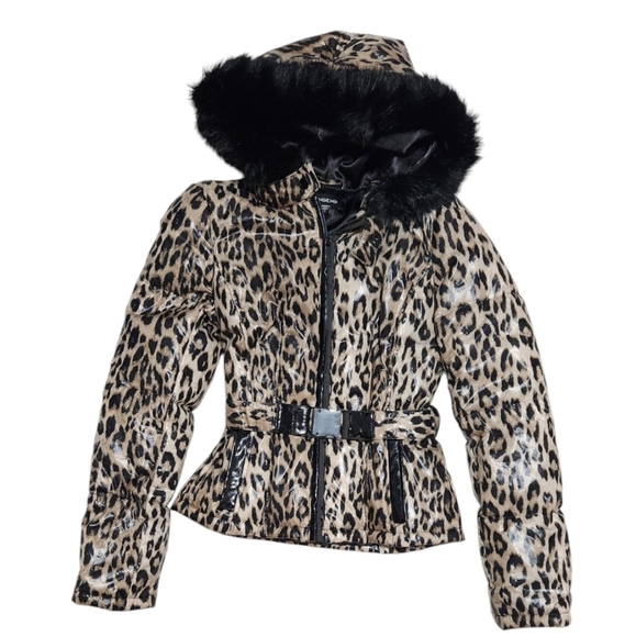 BEBE vintage animal print belted puffer jacket with faux fur hood - Picture 3 of 7